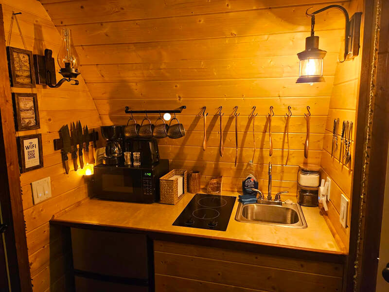 Kitchenette with sink, cooktop, and microwave inside The Little Shire