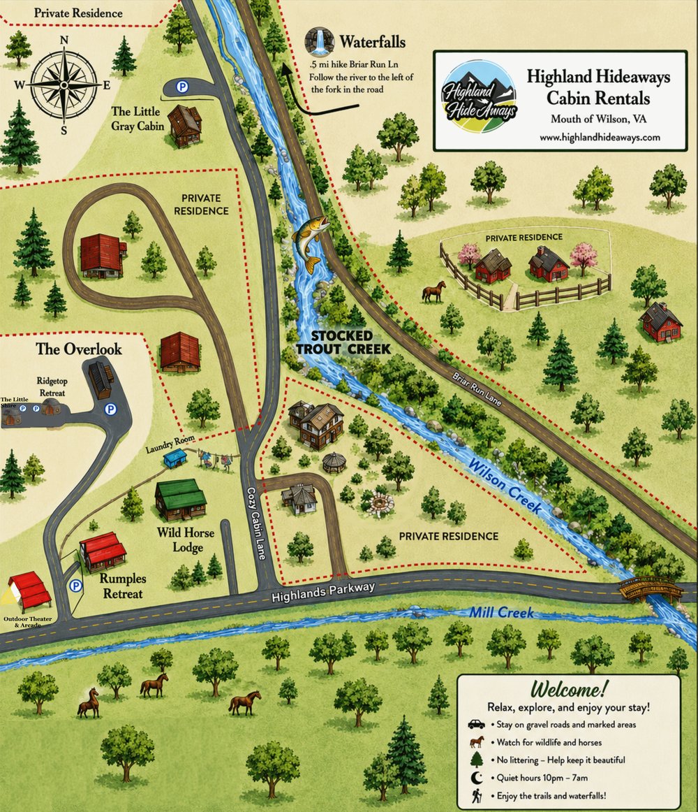 Illustrated map of the Highland Hideaways property showing all six cabins, Wilson Creek, and the waterfalls trail