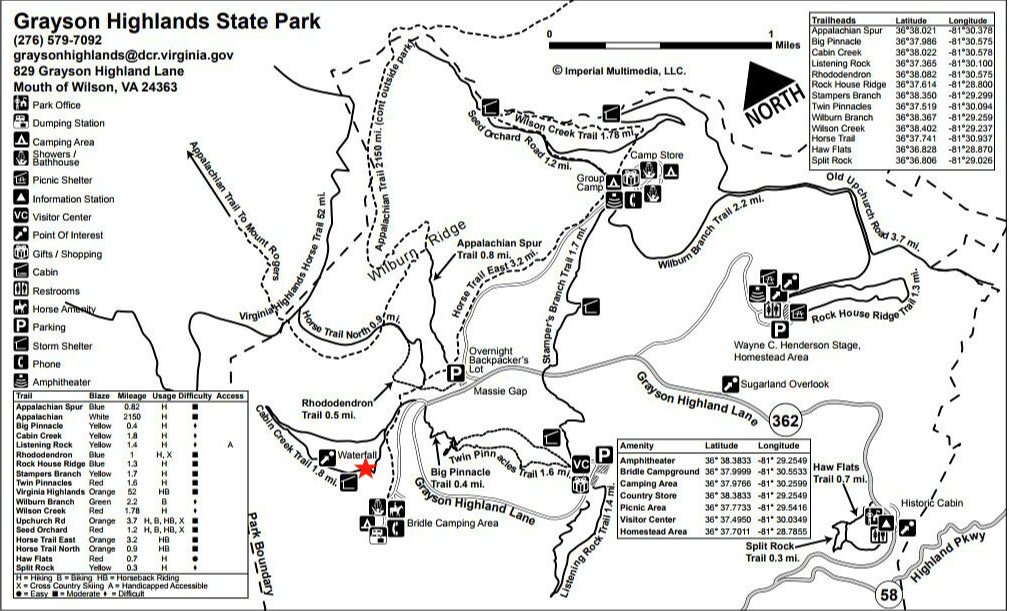 Trail map of Grayson Highlands State Park showing hiking trails, trailheads, and amenities